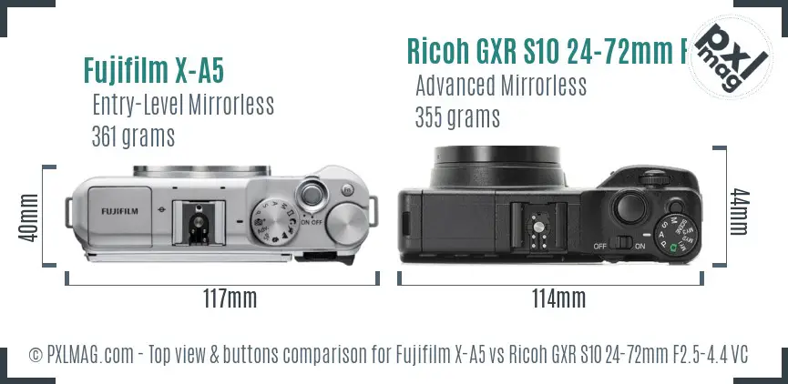 Fujifilm X-A5 vs Ricoh GXR S10 24-72mm F2.5-4.4 VC top view buttons comparison