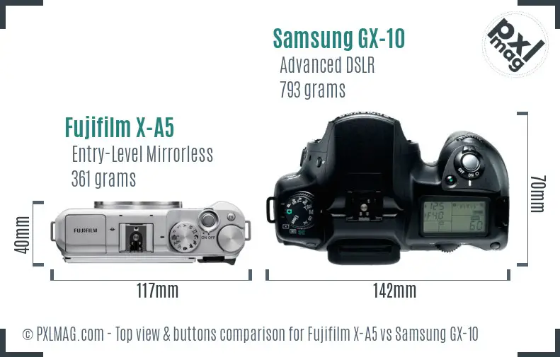 Fujifilm X-A5 vs Samsung GX-10 top view buttons comparison