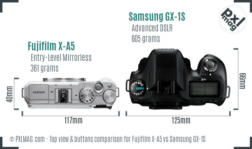 Fujifilm X-A5 vs Samsung GX-1S top view buttons comparison