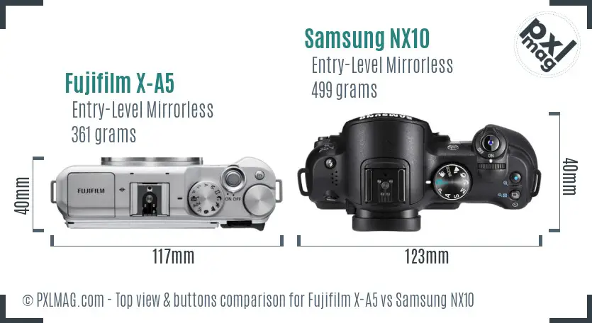Fujifilm X-A5 vs Samsung NX10 top view buttons comparison