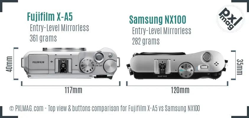 Fujifilm X-A5 vs Samsung NX100 top view buttons comparison