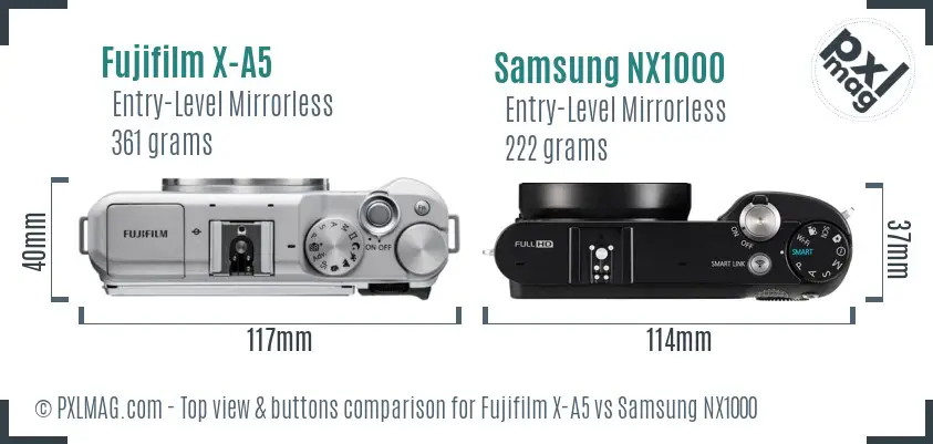 Fujifilm X-A5 vs Samsung NX1000 top view buttons comparison