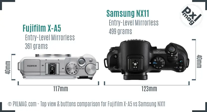 Fujifilm X-A5 vs Samsung NX11 top view buttons comparison