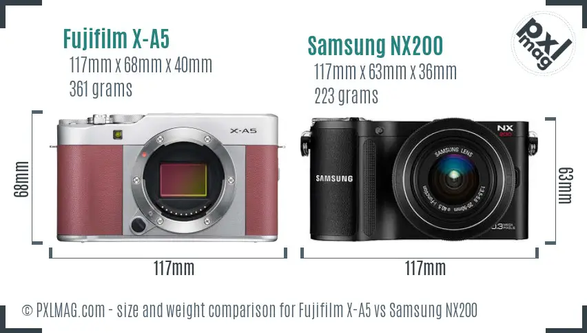 Fujifilm X-A5 vs Samsung NX200 size comparison