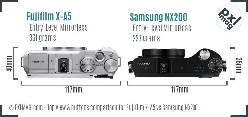 Fujifilm X-A5 vs Samsung NX200 top view buttons comparison
