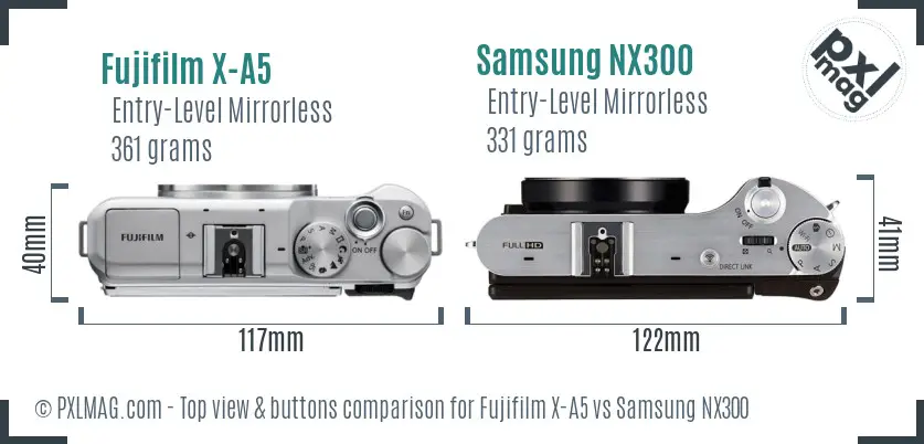 Fujifilm X-A5 vs Samsung NX300 top view buttons comparison