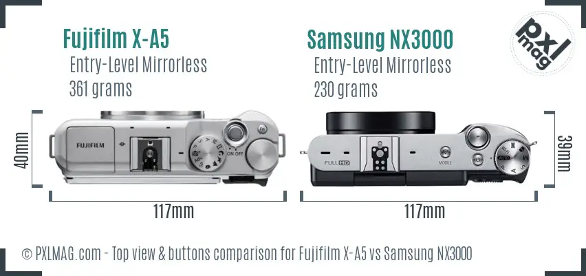 Fujifilm X-A5 vs Samsung NX3000 top view buttons comparison