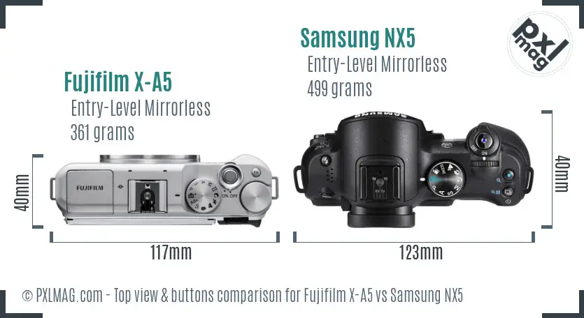 Fujifilm X-A5 vs Samsung NX5 top view buttons comparison