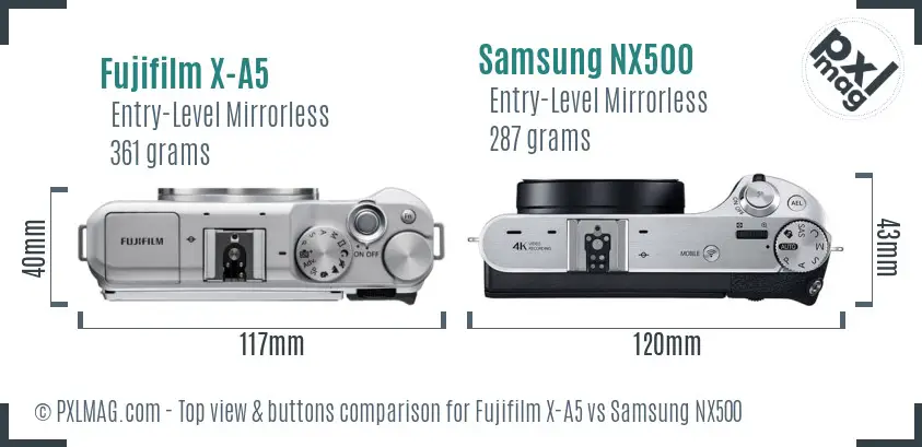Fujifilm X-A5 vs Samsung NX500 top view buttons comparison