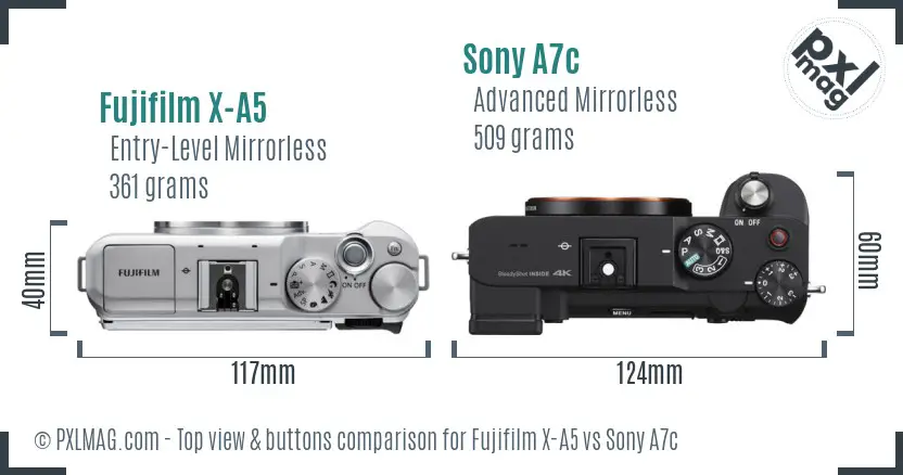 Fujifilm X-A5 vs Sony A7c top view buttons comparison