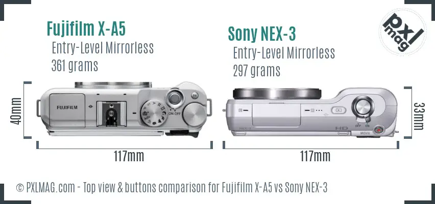 Fujifilm X-A5 vs Sony NEX-3 top view buttons comparison