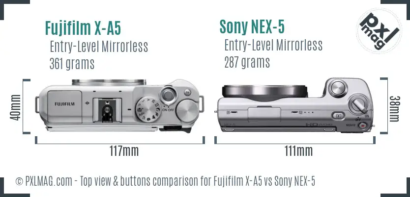Fujifilm X-A5 vs Sony NEX-5 top view buttons comparison