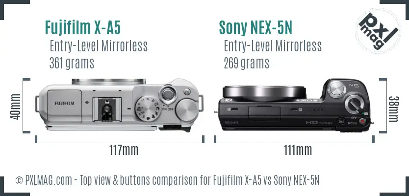Fujifilm X-A5 vs Sony NEX-5N top view buttons comparison