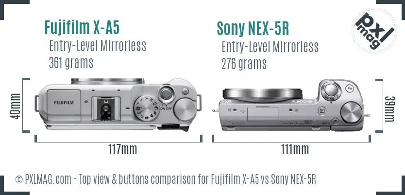 Fujifilm X-A5 vs Sony NEX-5R top view buttons comparison