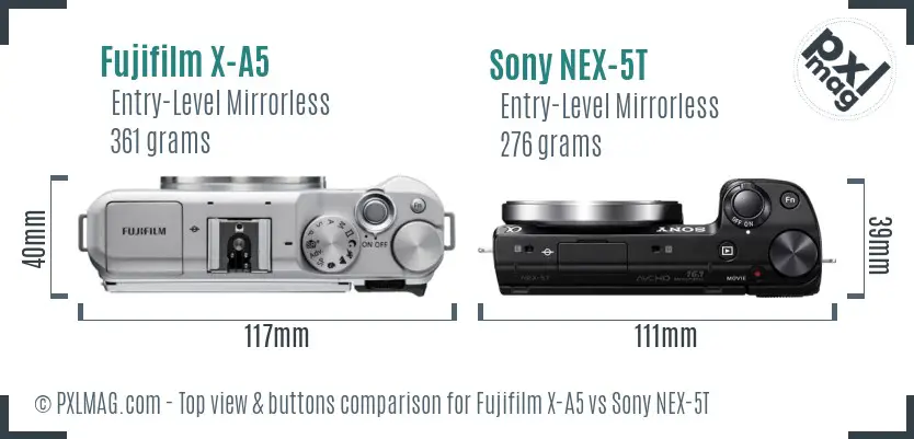 Fujifilm X-A5 vs Sony NEX-5T top view buttons comparison