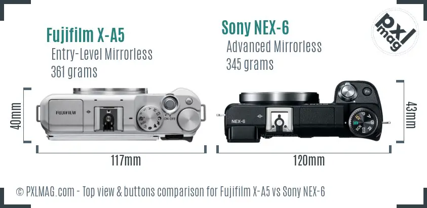 Fujifilm X-A5 vs Sony NEX-6 top view buttons comparison