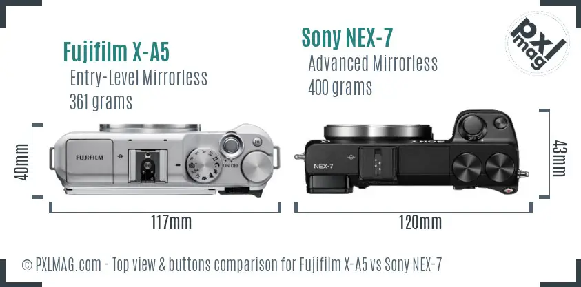 Fujifilm X-A5 vs Sony NEX-7 top view buttons comparison