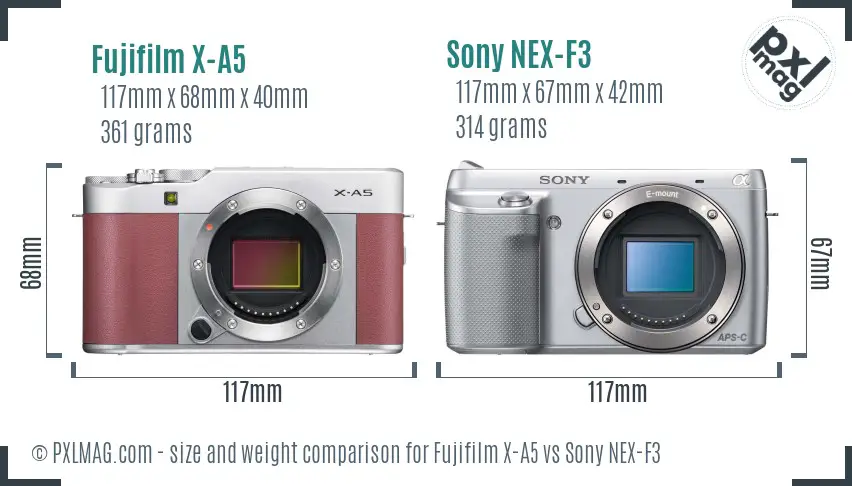 Fujifilm X-A5 vs Sony NEX-F3 size comparison