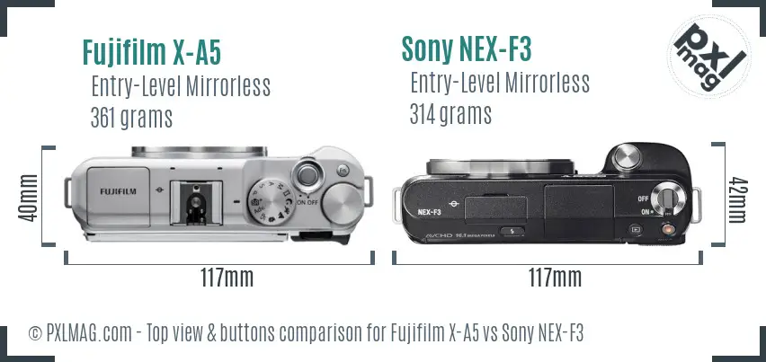 Fujifilm X-A5 vs Sony NEX-F3 top view buttons comparison