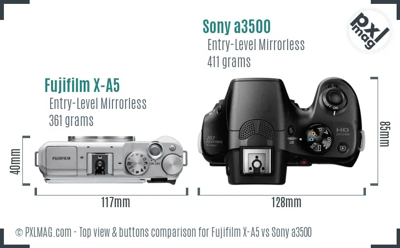 Fujifilm X-A5 vs Sony a3500 top view buttons comparison Fujifilm X-A5 vs Sony a3500 top view buttons comparison