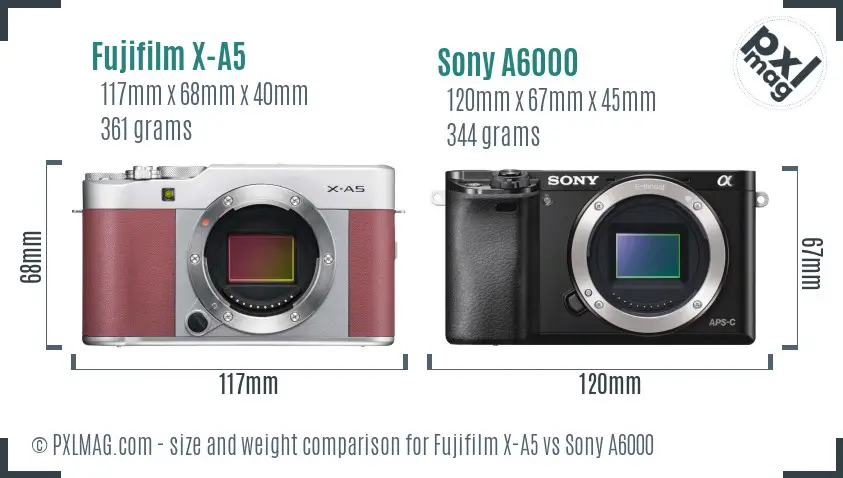 Fujifilm X-A5 vs Sony A6000 size comparison