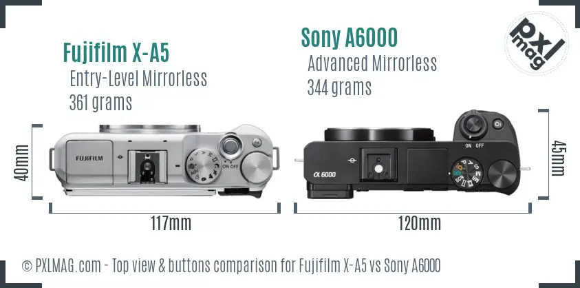 Fujifilm X-A5 vs Sony A6000 top view buttons comparison