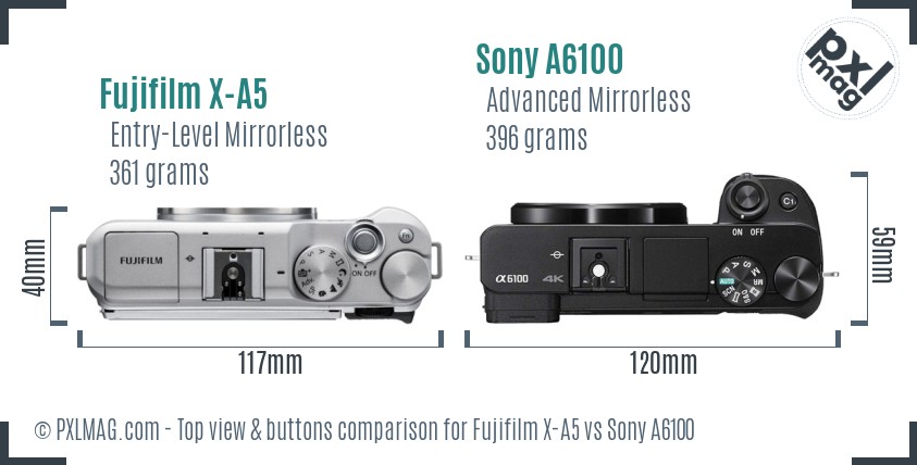 Fujifilm X-A5 vs Sony A6100 top view buttons comparison