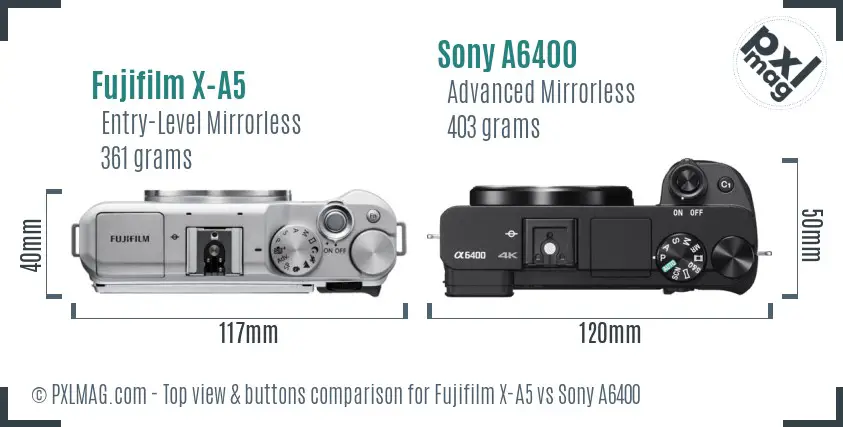 Fujifilm X-A5 vs Sony A6400 top view buttons comparison