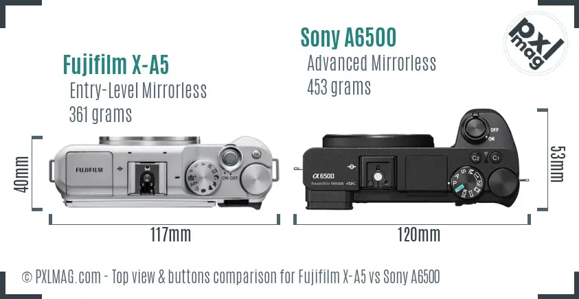 Fujifilm X-A5 vs Sony A6500 top view buttons comparison