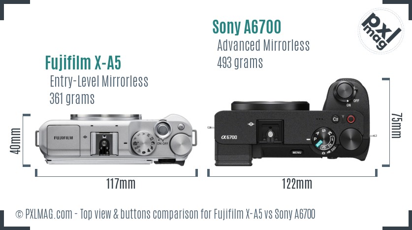Fujifilm X-A5 vs Sony A6700 top view buttons comparison