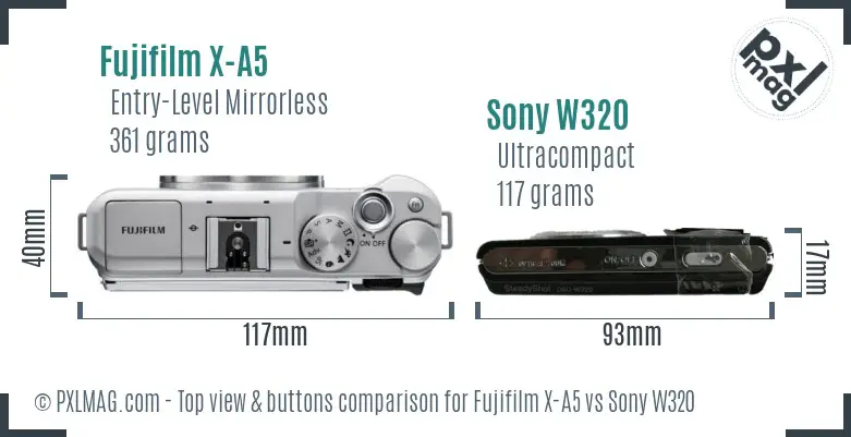 Fujifilm X-A5 vs Sony W320 top view buttons comparison
