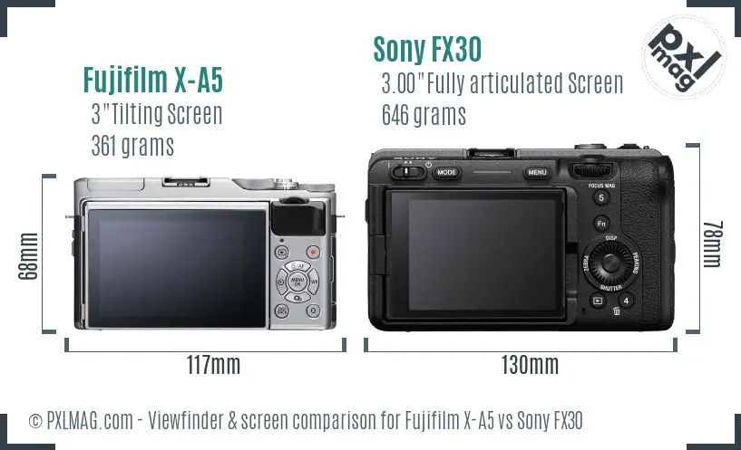 Fujifilm X-A5 vs Sony FX30 Screen and Viewfinder comparison