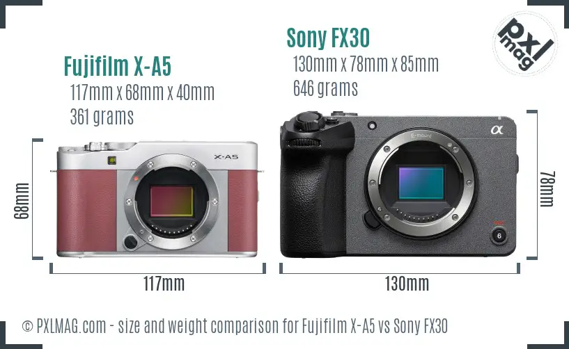 Fujifilm X-A5 vs Sony FX30 size comparison