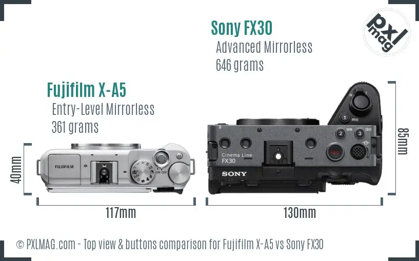 Fujifilm X-A5 vs Sony FX30 top view buttons comparison