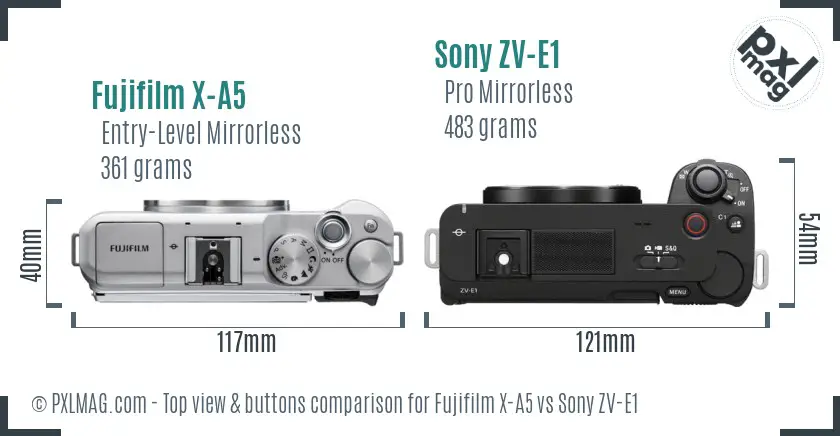 Fujifilm X-A5 vs Sony ZV-E1 top view buttons comparison Fujifilm X-A5 vs Sony ZV-E1 top view buttons comparison