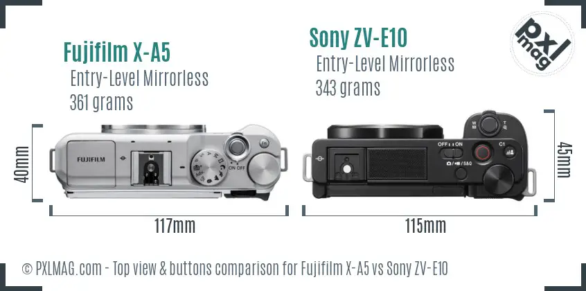 Fujifilm X-A5 vs Sony ZV-E10 top view buttons comparison