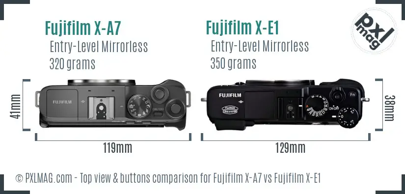 Fujifilm X-A7 vs Fujifilm X-E1 top view buttons comparison