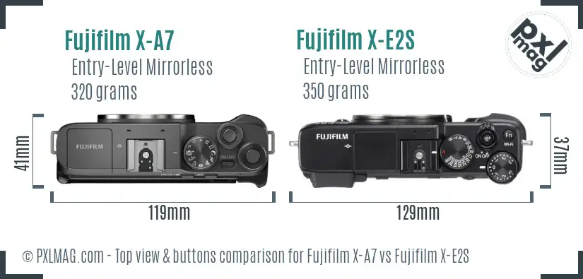 Fujifilm X-A7 vs Fujifilm X-E2S top view buttons comparison