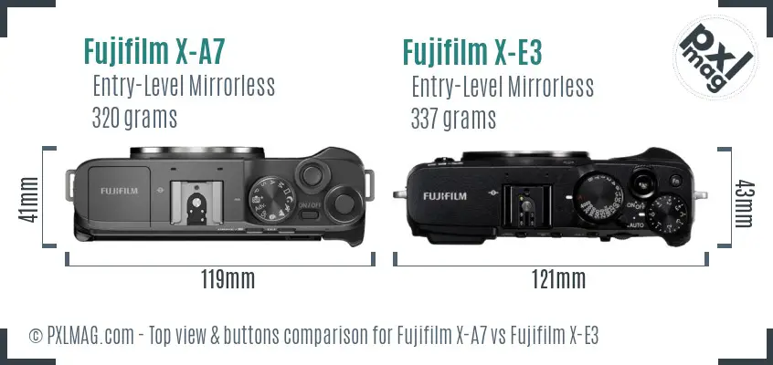 Fujifilm X-A7 vs Fujifilm X-E3 top view buttons comparison