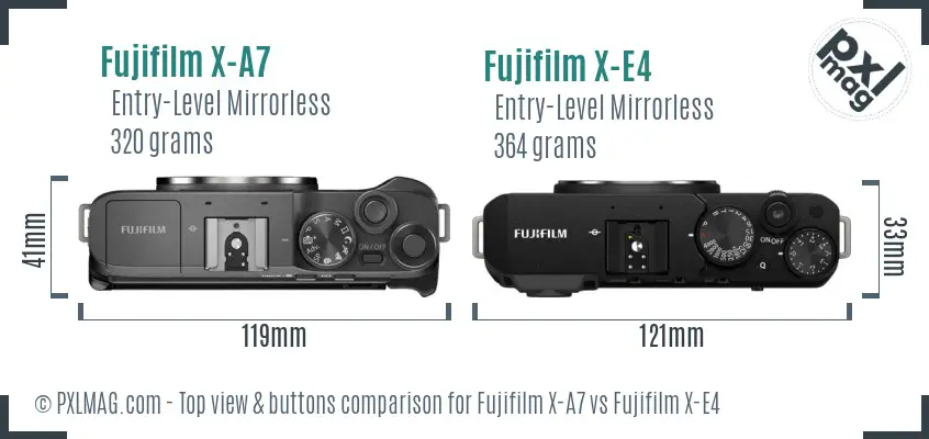 Fujifilm X-A7 vs Fujifilm X-E4 top view buttons comparison