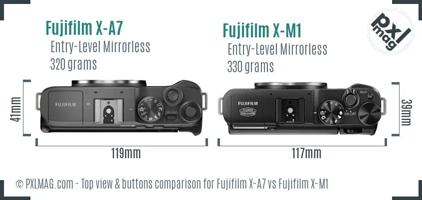 Fujifilm X-A7 vs Fujifilm X-M1 top view buttons comparison