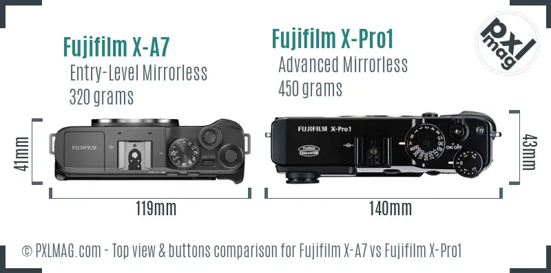 Fujifilm X-A7 vs Fujifilm X-Pro1 top view buttons comparison