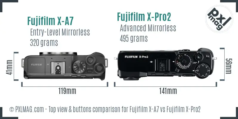 Fujifilm X-A7 vs Fujifilm X-Pro2 top view buttons comparison