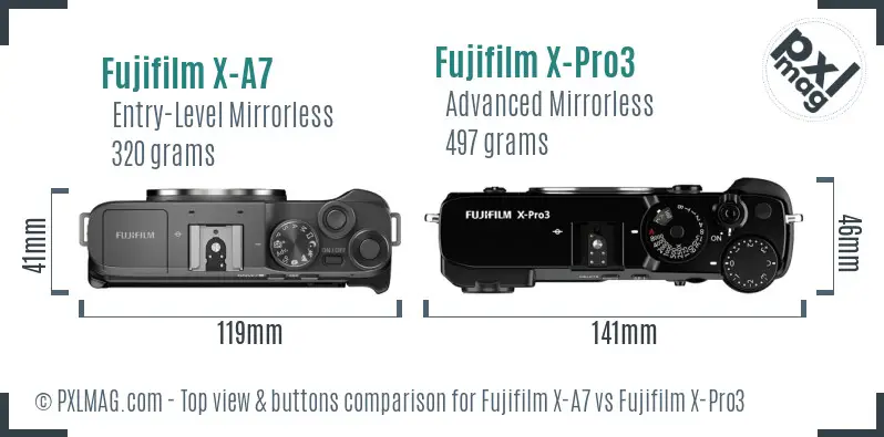 Fujifilm X-A7 vs Fujifilm X-Pro3 top view buttons comparison