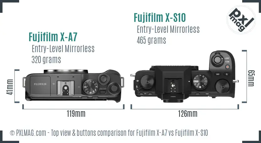Fujifilm X-A7 vs Fujifilm X-S10 top view buttons comparison