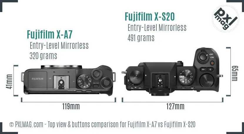 Fujifilm X-A7 vs Fujifilm X-S20 top view buttons comparison