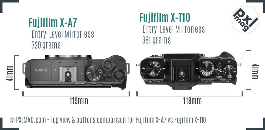 Fujifilm X-A7 vs Fujifilm X-T10 top view buttons comparison