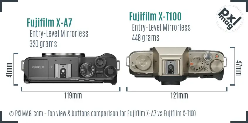 Fujifilm X-A7 vs Fujifilm X-T100 top view buttons comparison