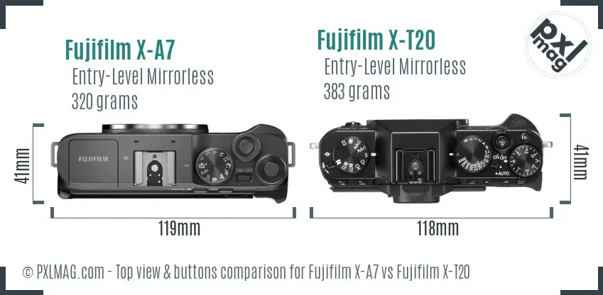 Fujifilm X-A7 vs Fujifilm X-T20 top view buttons comparison