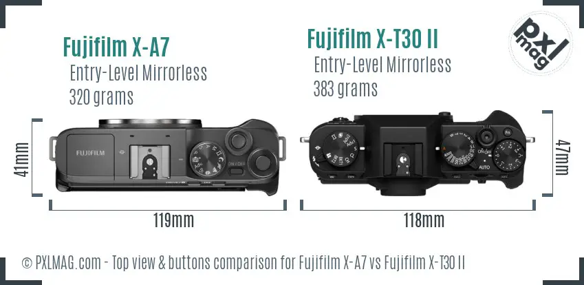 Fujifilm X-A7 vs Fujifilm X-T30 II top view buttons comparison